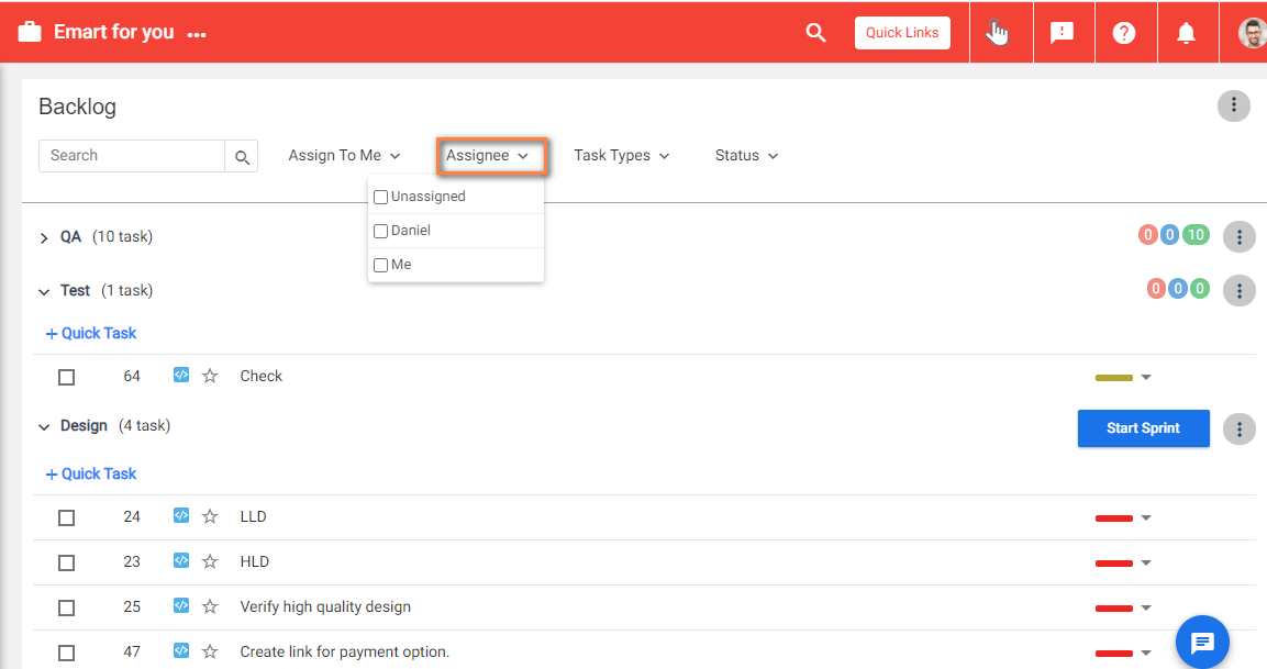 Backlog task filter