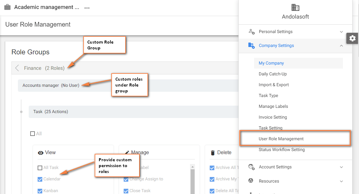 User role management settings