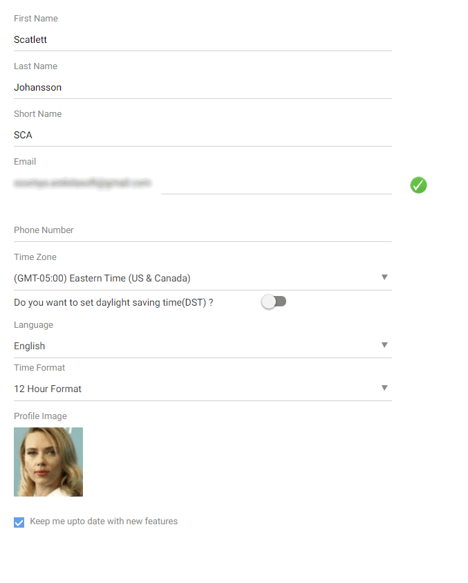 Settings menu My profile