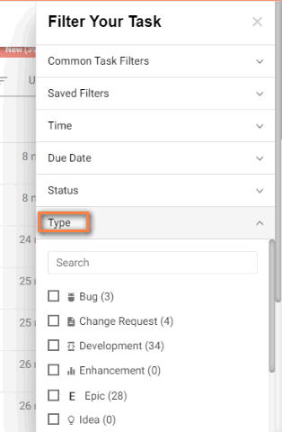 task filters Filter-Task type