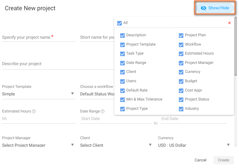 columns or fields Show hide-Project