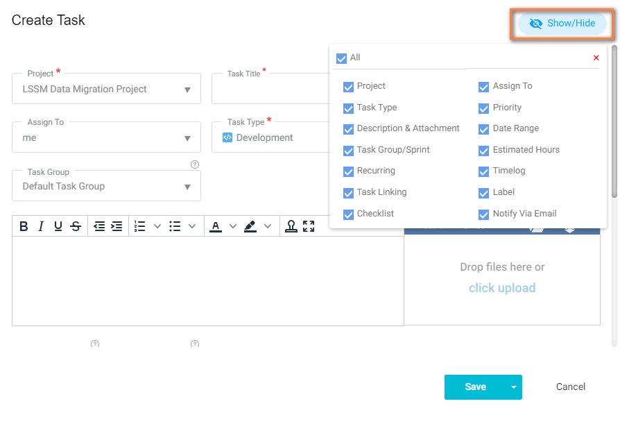 columns or fields Show hide-Task