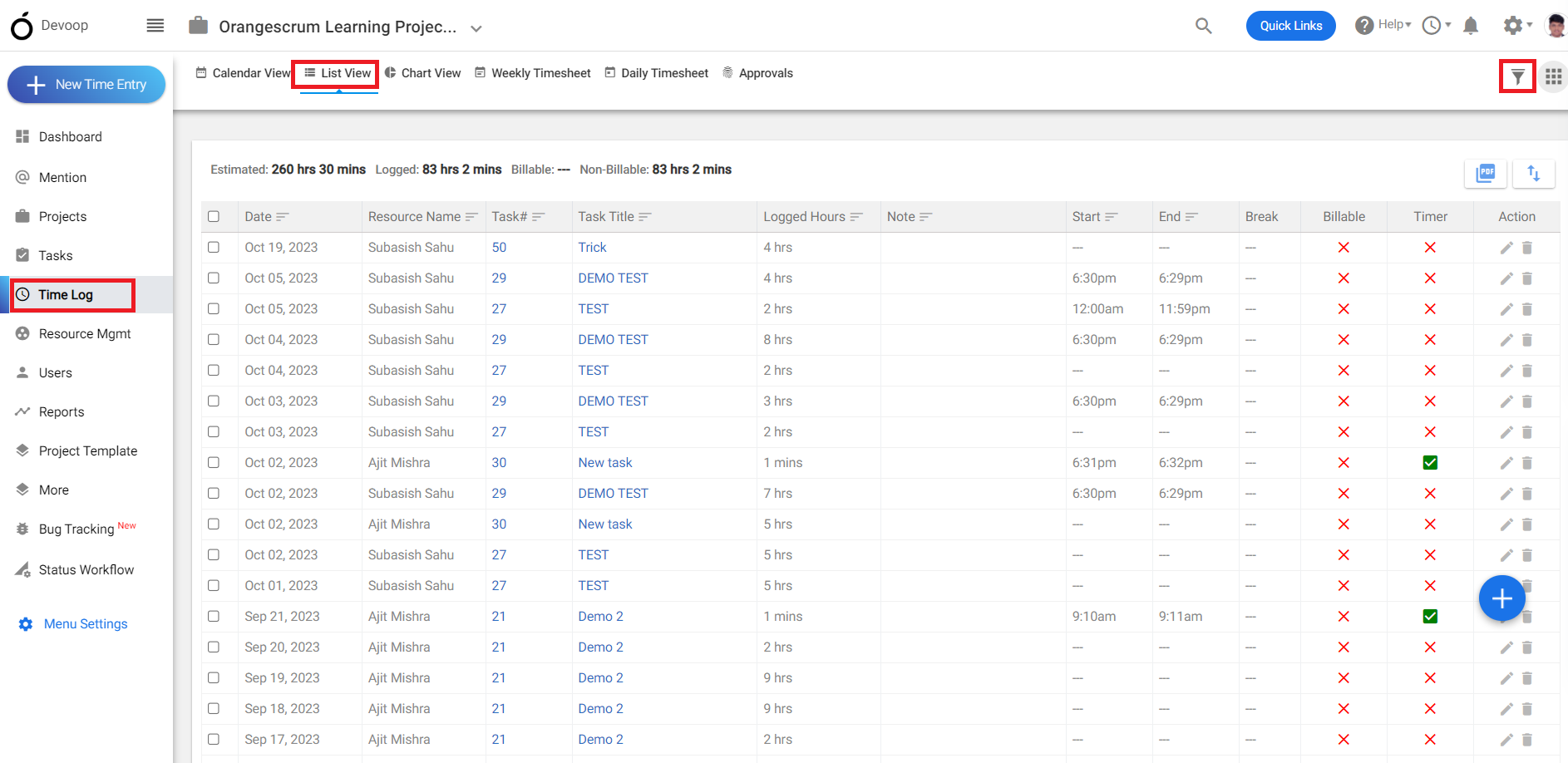 Filter & Search Time Log 