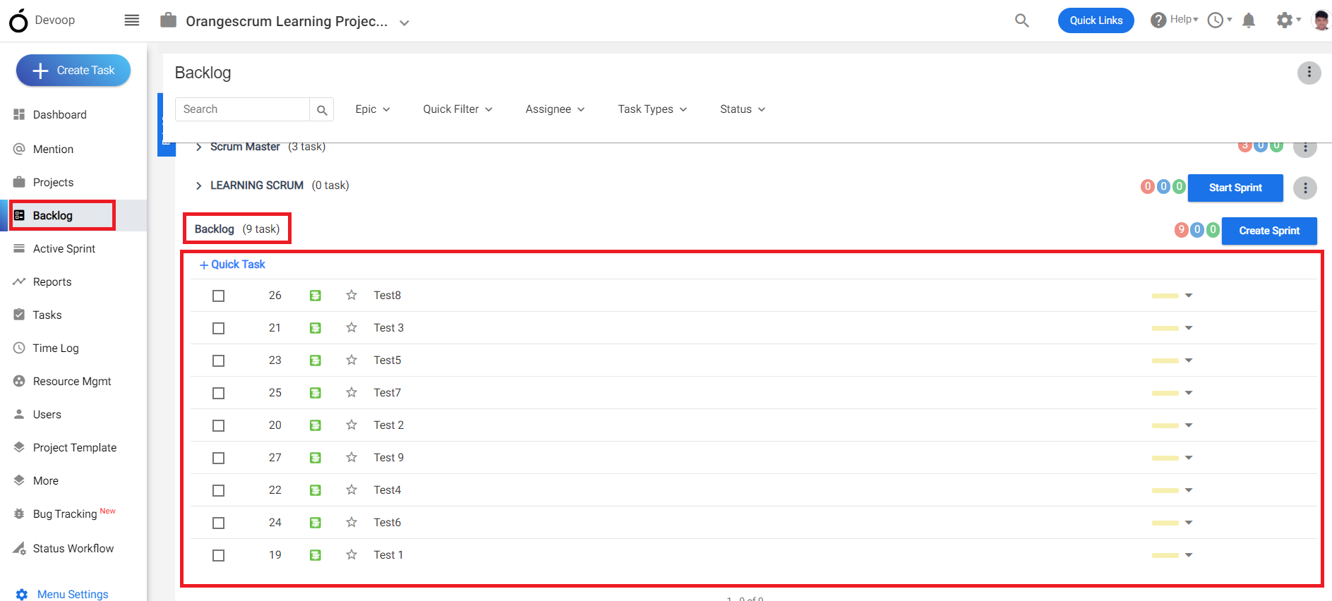 Product backlog items