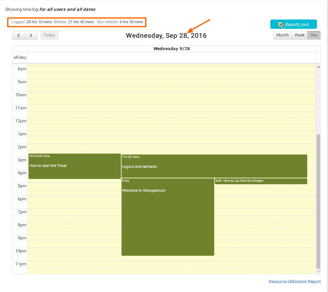 How can I view the total log time for a particular day or date