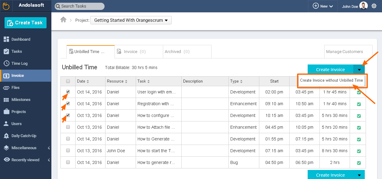 Create Unbilled time invoice