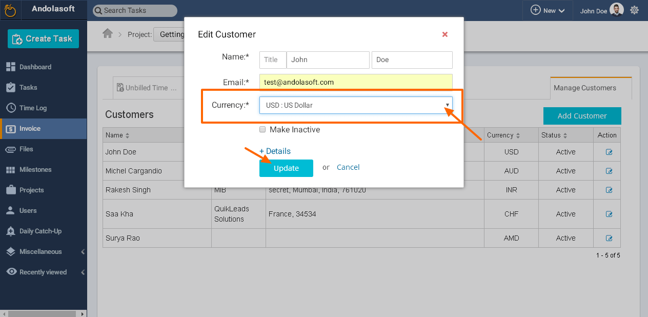 Currency setting for a customer