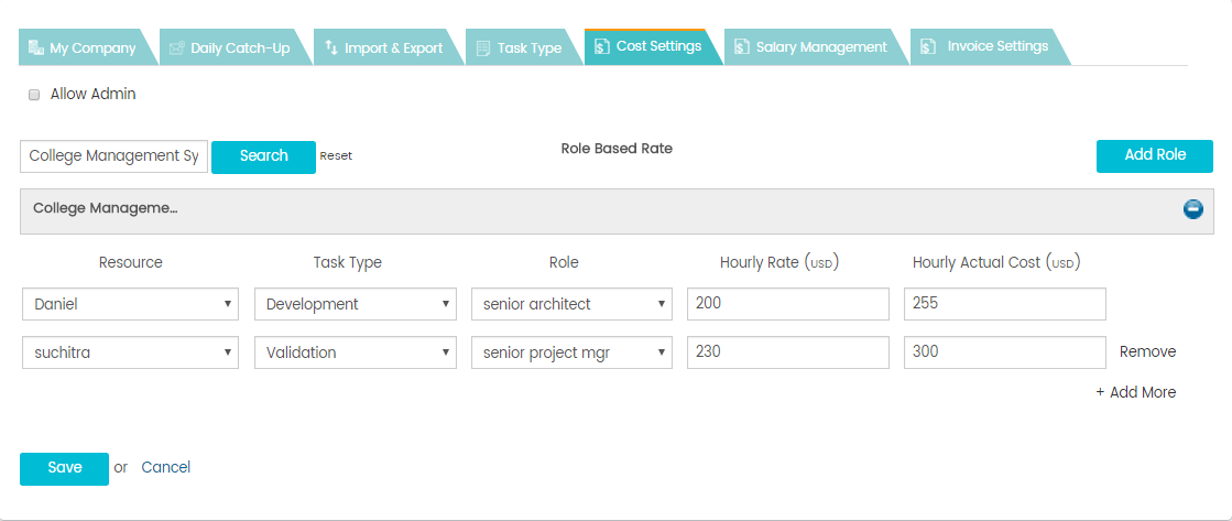 Set hourly rate according to role